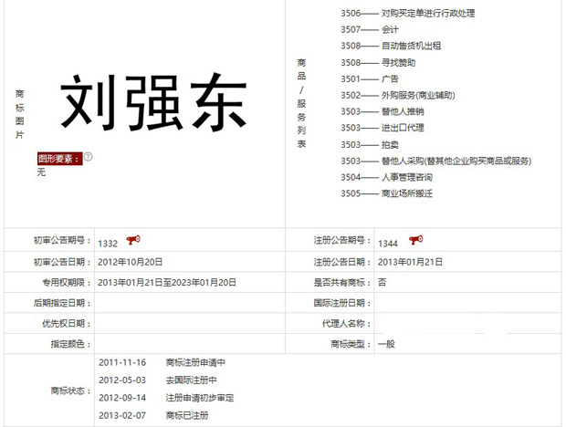 ，“刘强东”中文全名系列商标早已获商标局批准